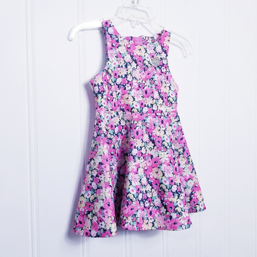 Juicy Couture Dress 18M Floral Scuba Pink Fit Flare Heart Logo Sleeveless